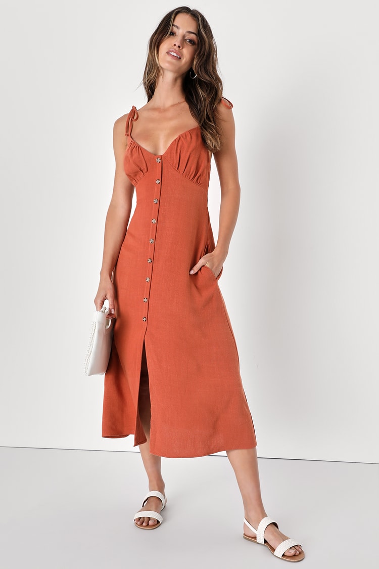 Rust Linen Midi Dress - Tie-Strap Dress - Dress With Pockets - Lulus