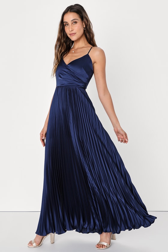Navy Blue Satin Dress - Pleated Maxi Dress - Tie-Back Maxi Dress - Lulus