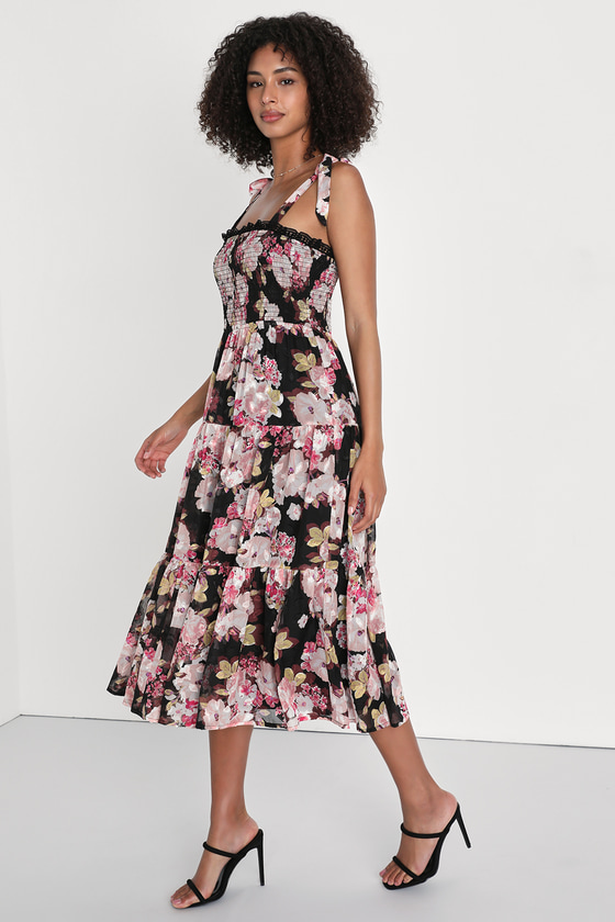 Lulus Wowing Wonder Black Floral Jacquard Smocked Tiered Midi Dress