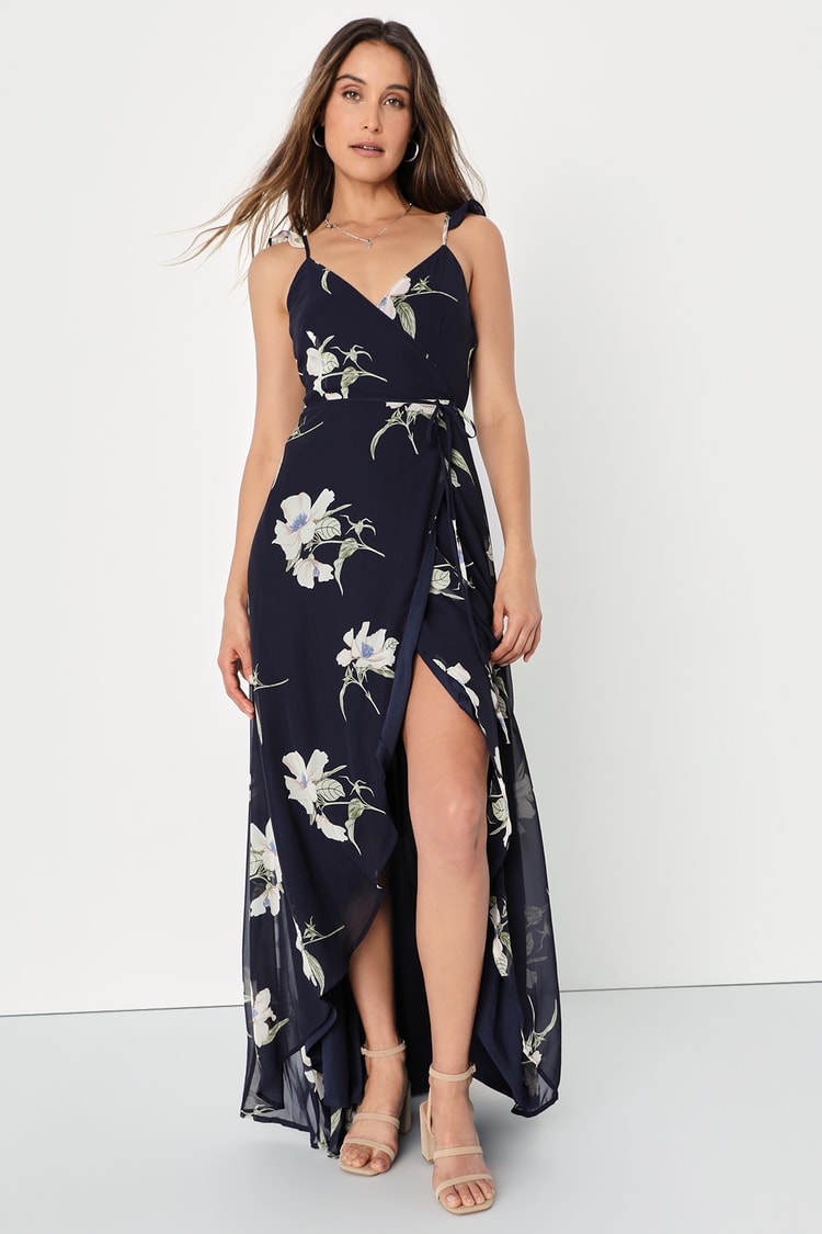 Navy Blue Floral Print Dress - Wrap Dress - Side Slit Maxi Dress - Lulus