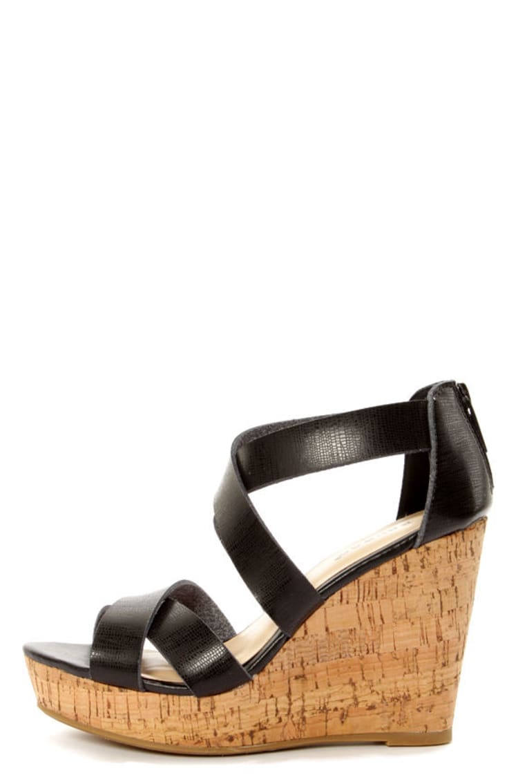 Bamboo Parker 12 Black Crisscrossing Strappy Wedge Sandals - $34.00 - Lulus