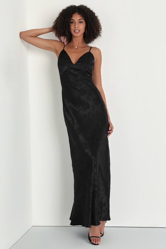 Black Satin Gown - Floral Jacquard Maxi Dress - Floral Maxi Dress - Lulus