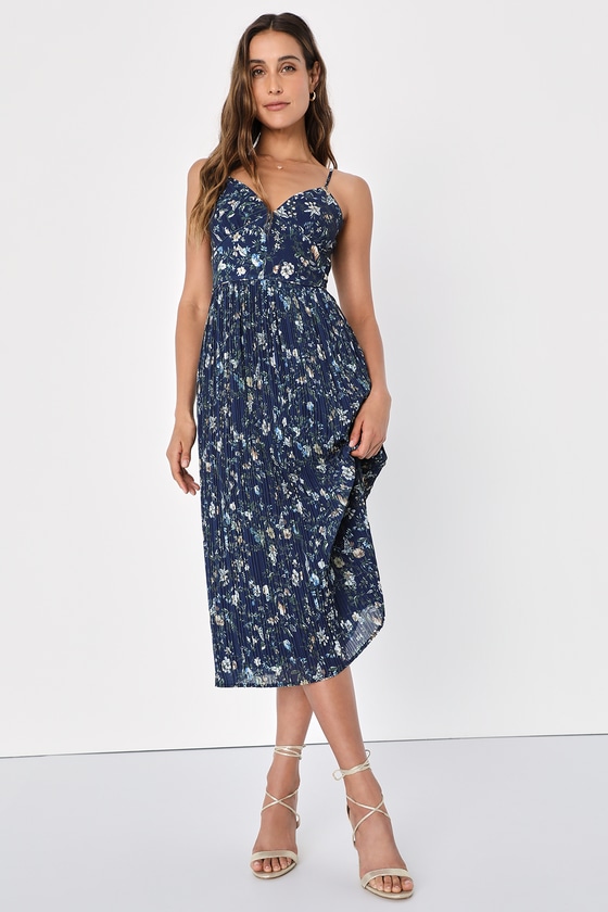 Blue floral clearance pleated midi dress