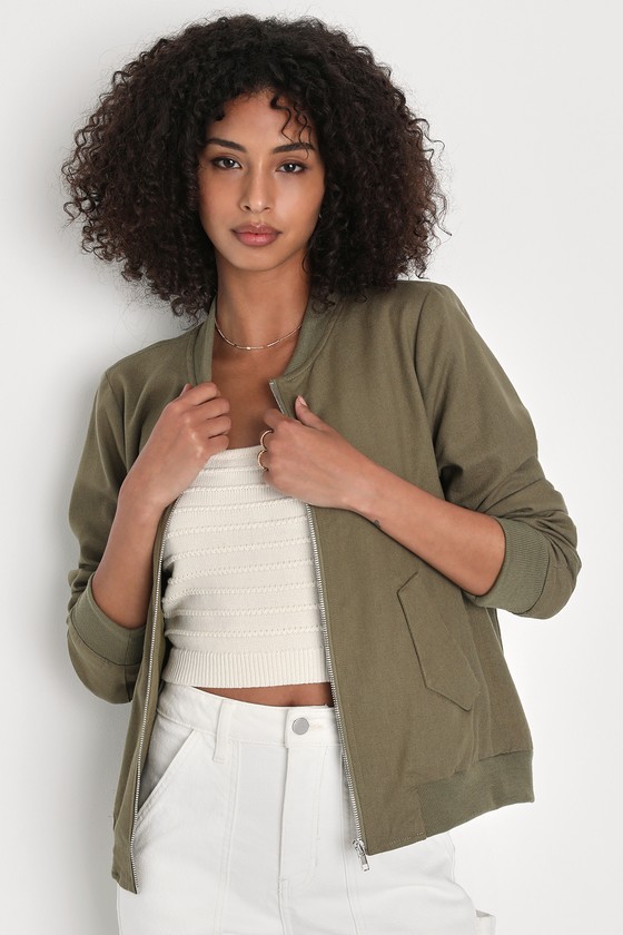 Lulus Olive Green Satin Bomber Jacket