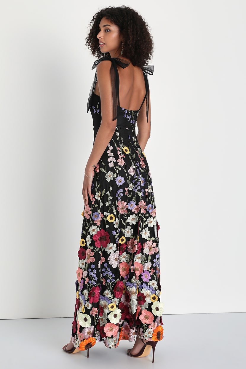 3D Floral Applique Dress - Black Floral Dress - Tie-Strap Dress - Lulus