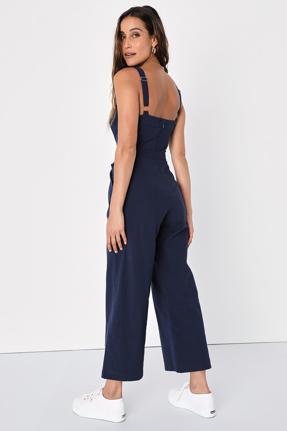 Lucky For Me Navy Blue Cotton Sleeveless Cropped Jumpsuit