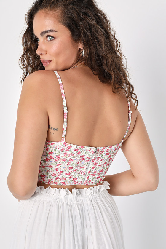 Ivory Floral Print Top Bustier Crop Top Sleeveless Crop Top Lulus