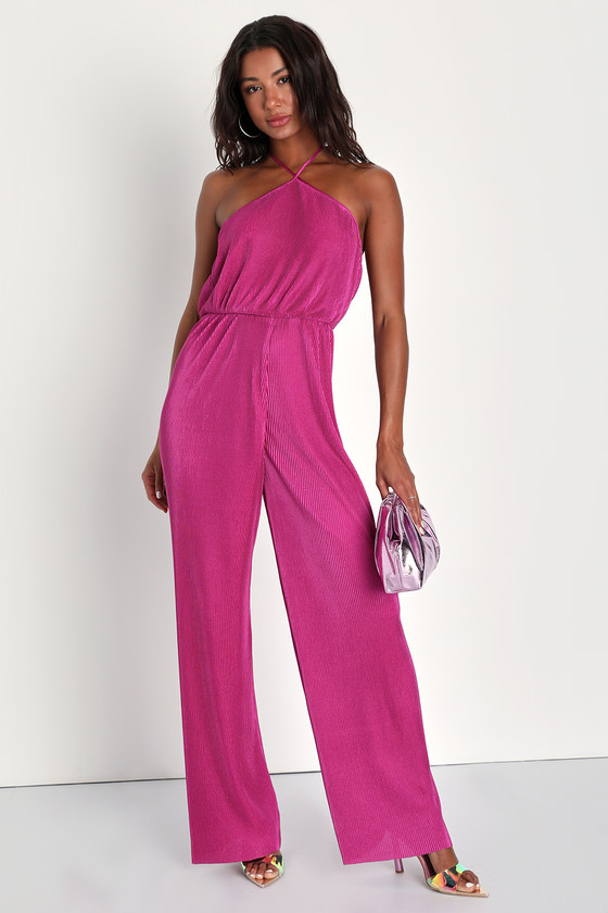 Chic Magenta Jumpsuit - Satin Plisse Jumpsuit - Halter Jumpsuit - Lulus