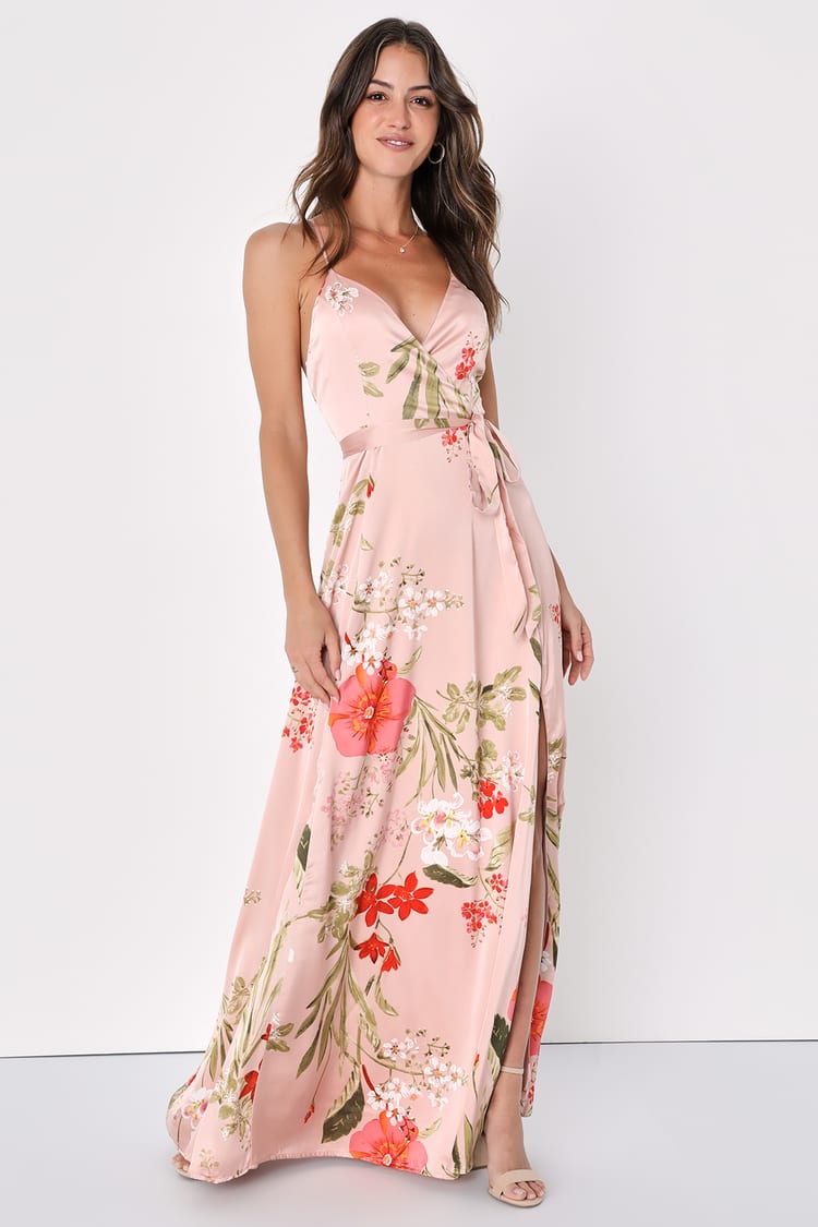 Blush Pink Dress - Floral Print Dress - Surplice Maxi Dress - Lulus