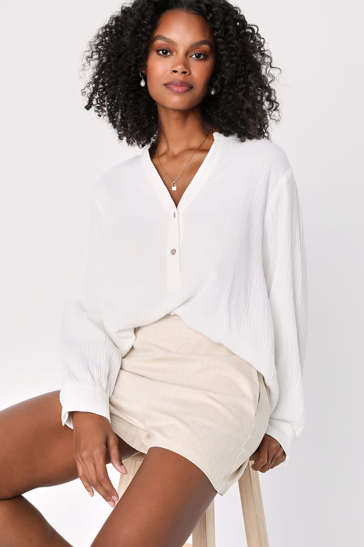 Simple Essence Ivory Cotton Long Sleeve Henley Top