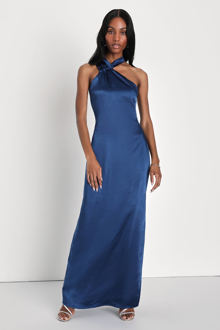 Navy Blue Satin Dress - Asymmetrical Halter Dress - Maxi Dress - Lulus