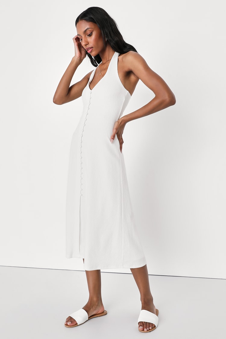Button-Front Midi Dress - Ribbed Midi Dress - White Halter Dress - Lulus