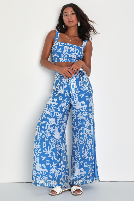 Blue Printed Pants - Belted Blue Pants - Slit-Leg Wide-Leg Pants - Lulus