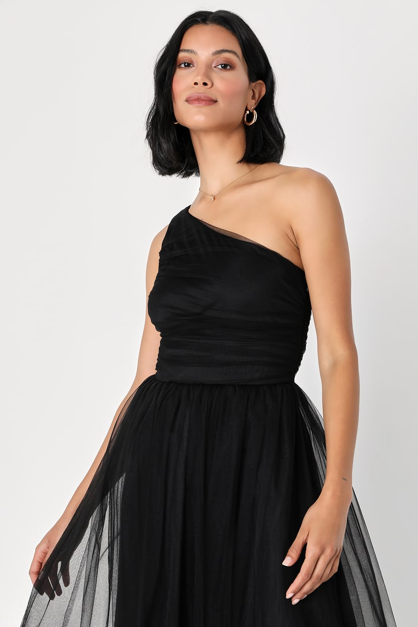 Already Perfect Black Tulle One-Shoulder Midi Dress