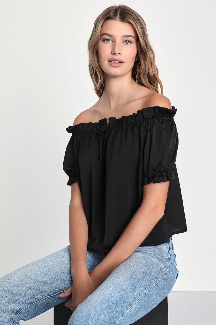 Black Satin Puff Sleeve Top - Off-the-Shoulder Top - Cute Blouse - Lulus