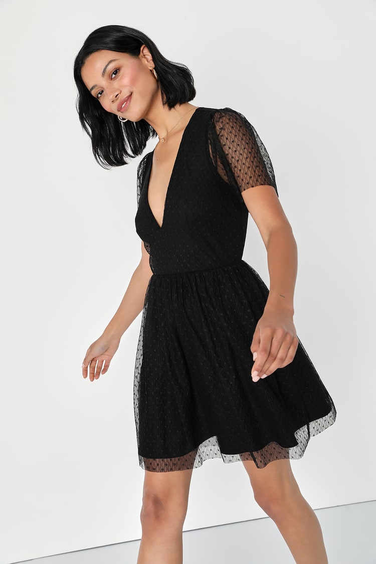 Black Mesh Swiss Dot Dress - Short Sleeve Mini Dress - Mesh Dress - Lulus