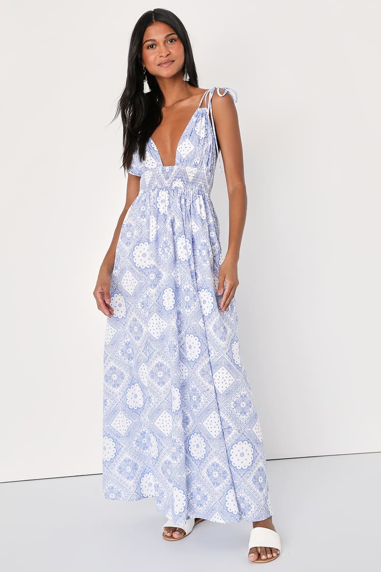 White and Blue Paisley Dress - Tie-Strap Maxi Dress - Sundress - Lulus