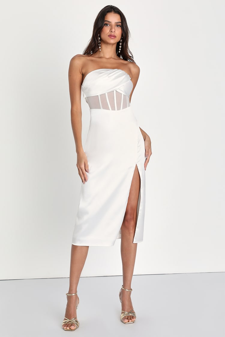 White Satin Dress - Corset Midi Dress - Strapless Midi Dress - Lulus