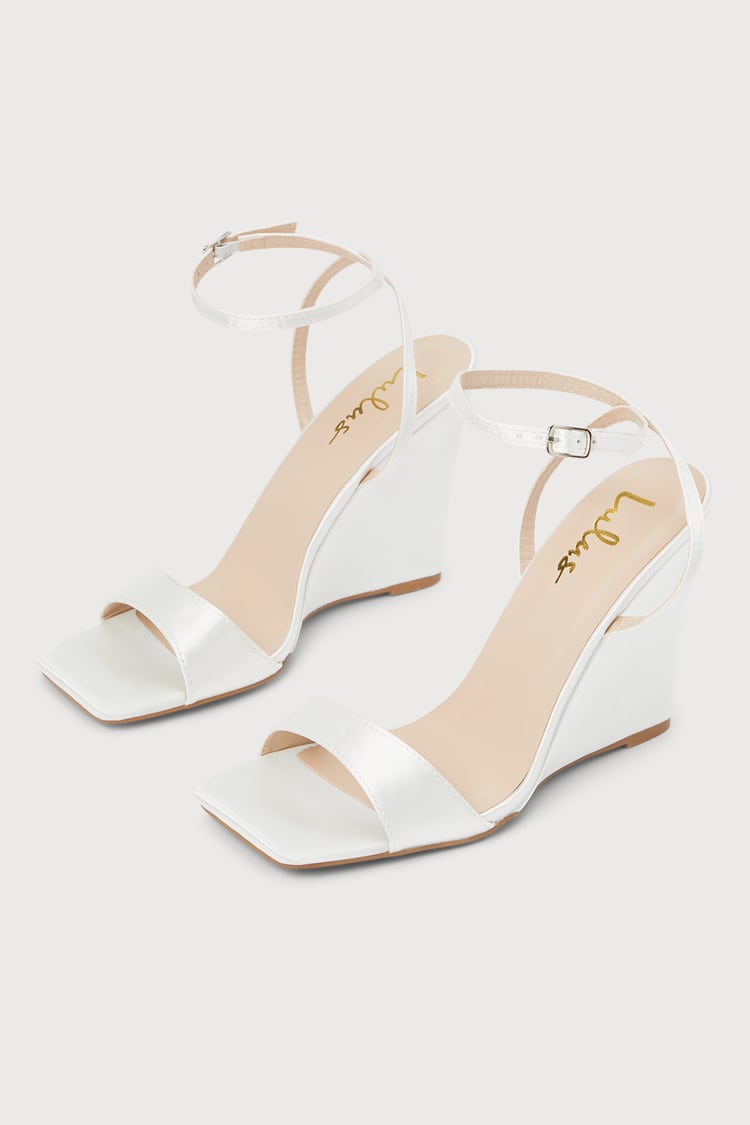 Ivory Satin Sandals - Ivory Wedge Sandals - Ankle Strap Wedges - Lulus