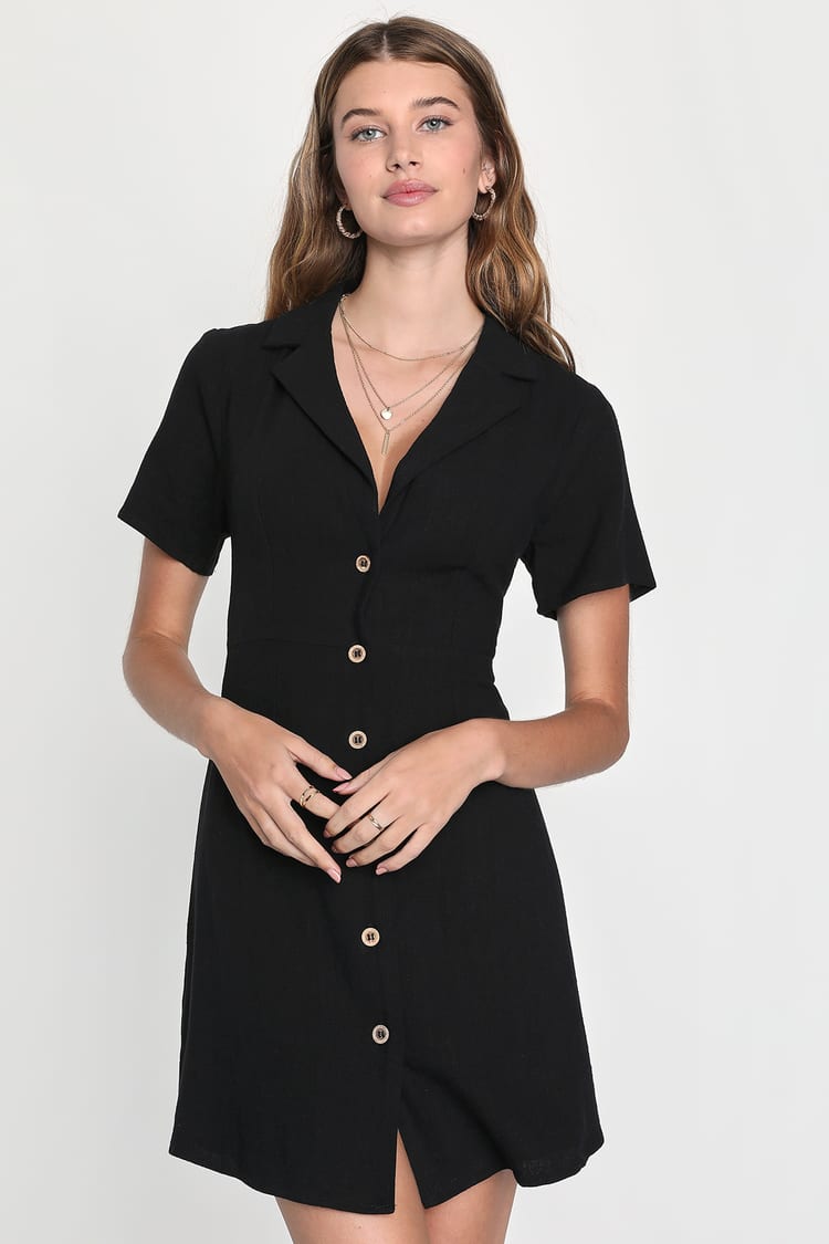 Black Collared Dress - Button-Up Mini Dress - Cute Simple Dress - Lulus