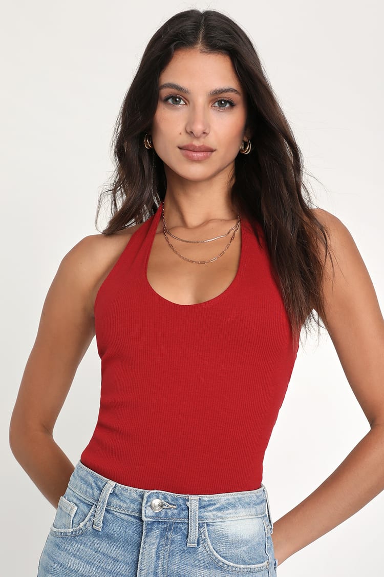 Red Ribbed Bodysuit - Scoop Neck Top - Red Halter Bodysuit - Lulus