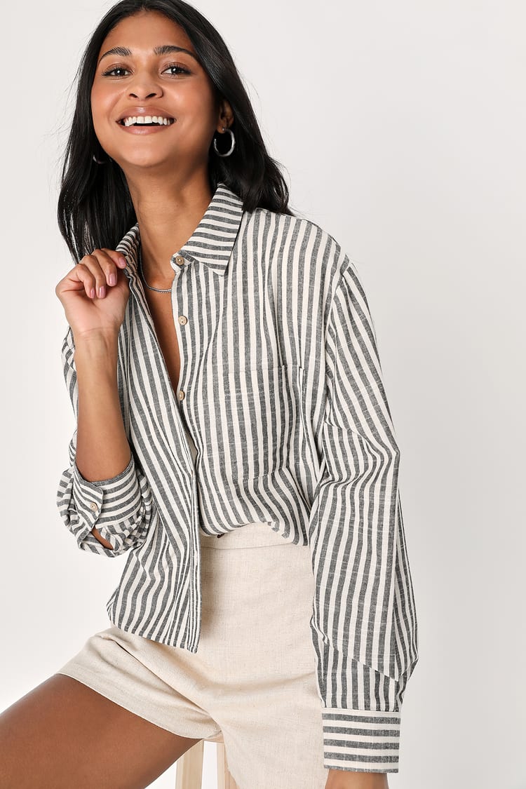 White and Grey Striped Button-Up Long Sleeve Top | Womens | Small (Available in M) | Lulus