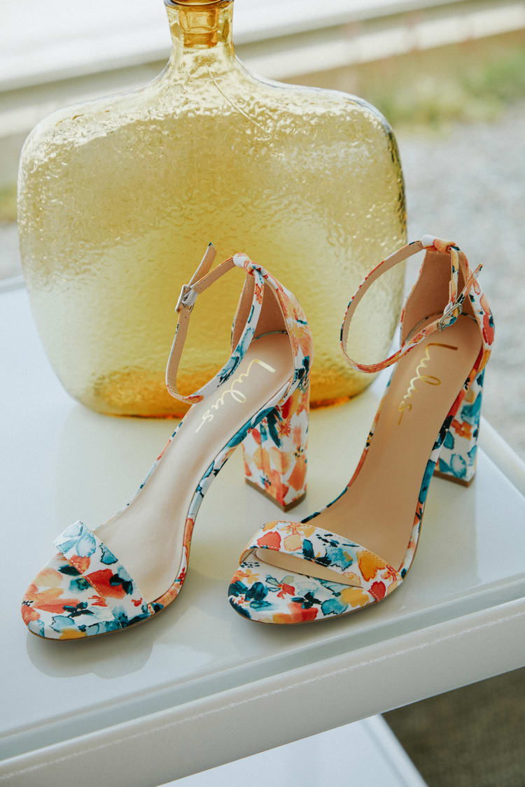 White Floral Print Heels - Ankle Strap Heels - Single Sole Heels - Lulus