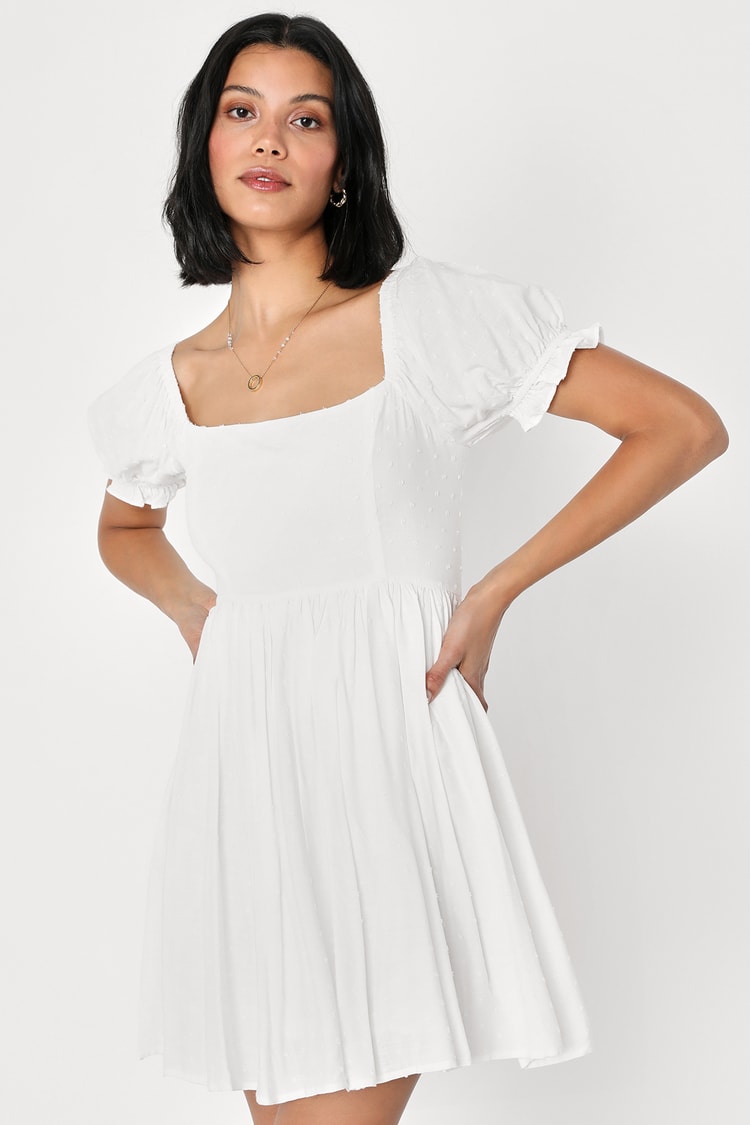 White Puff Sleeve Dress - Swiss Dot Mini Dress - Skater Dress - Lulus