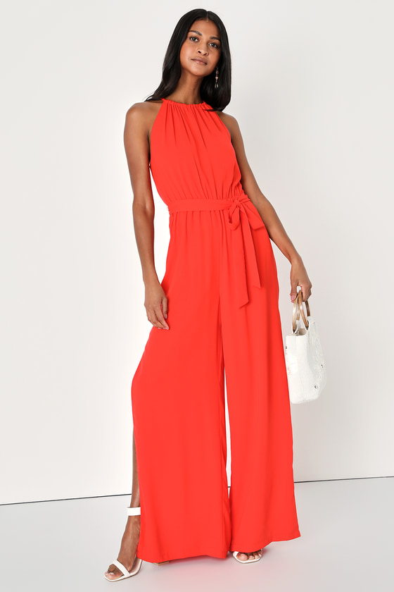 Iconic Statement Red Orange Belted Halter Wide Leg Jumpsuit