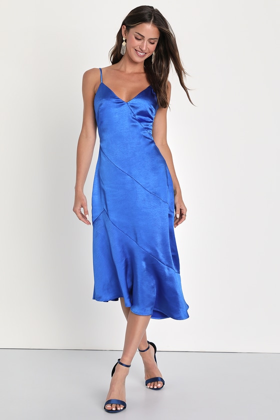 Shop Lulus Elegant Instinct Cobalt Asymmetrical Bias-cut Slip Midi Dress In Blue
