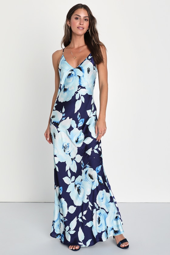 Lulus Graceful Aura Navy Blue Floral Satin Cutout Slip Maxi Dress