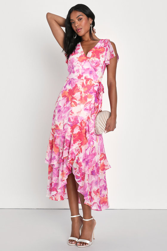 Pink Floral Print Dress Tiered Midi Dress Midi Wrap Dress Lulus