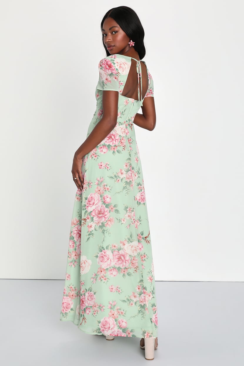 Sage Green Gown - Floral Bridesmaid Dress - Short Sleeve Gown - Lulus
