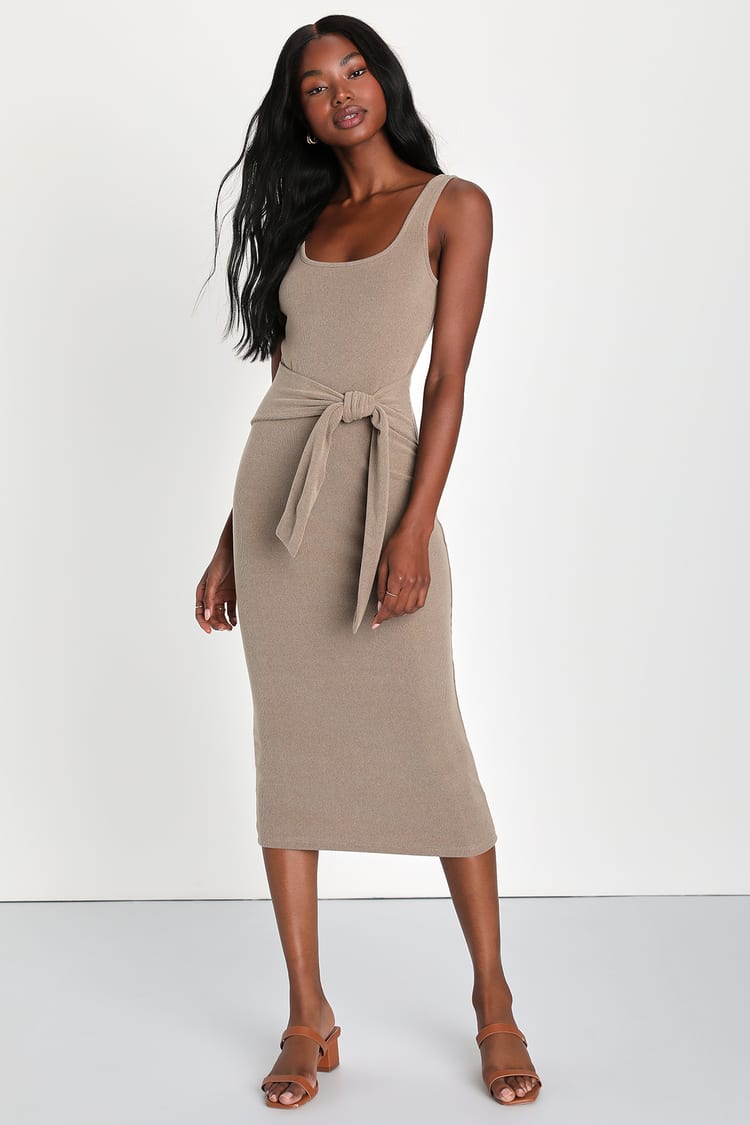 Taupe Ribbed Knit Dress - Tie-Front Dress - Midi Bodycon Dress - Lulus