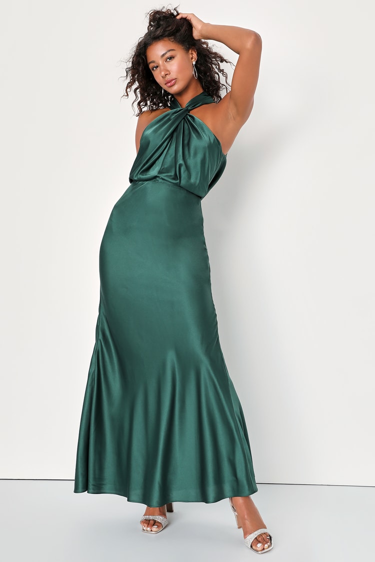 Green Satin Maxi Dress - Halter Neck Dress - Twist-Front Dress - Lulus
