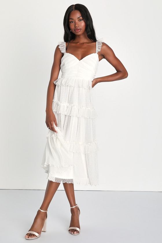 Lulus Whimsical Elegance White Mesh Swiss Dot Tiered Midi Dress