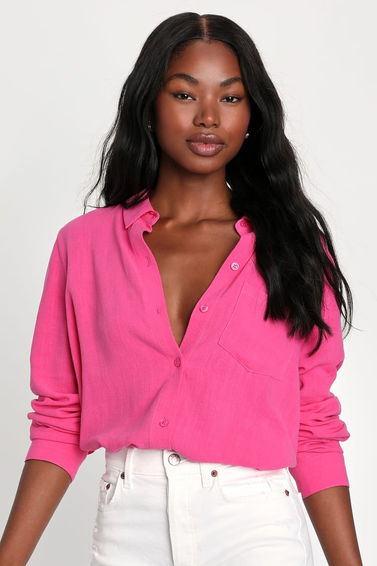 Hot Pink Linen Long Sleeve Collared Button-Up Top | Womens | X-Large (Available in XS, S, M, L) | Lulus | Barbiecore