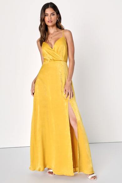 Mustard Yellow Dress - Satin Midi Dress - Tie-Back Tiered Dress - Lulus