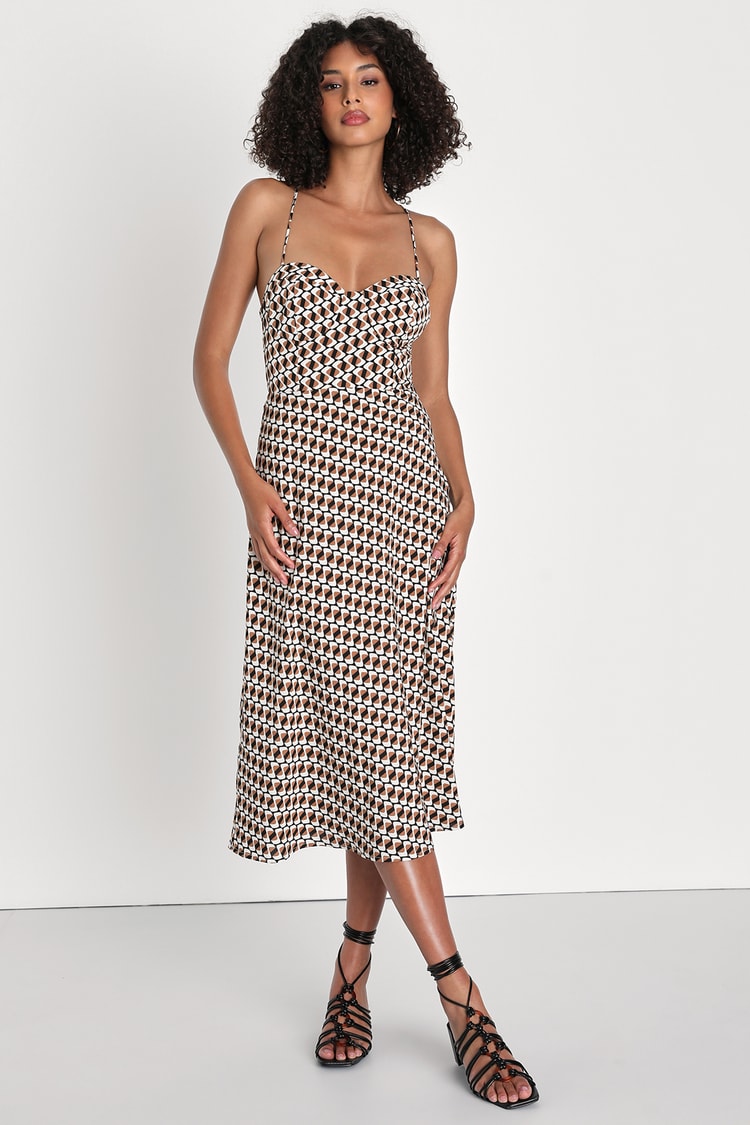 Brown Geo Print Dress - Lace-Up Backless Dress - Cute Midi Dress - Lulus
