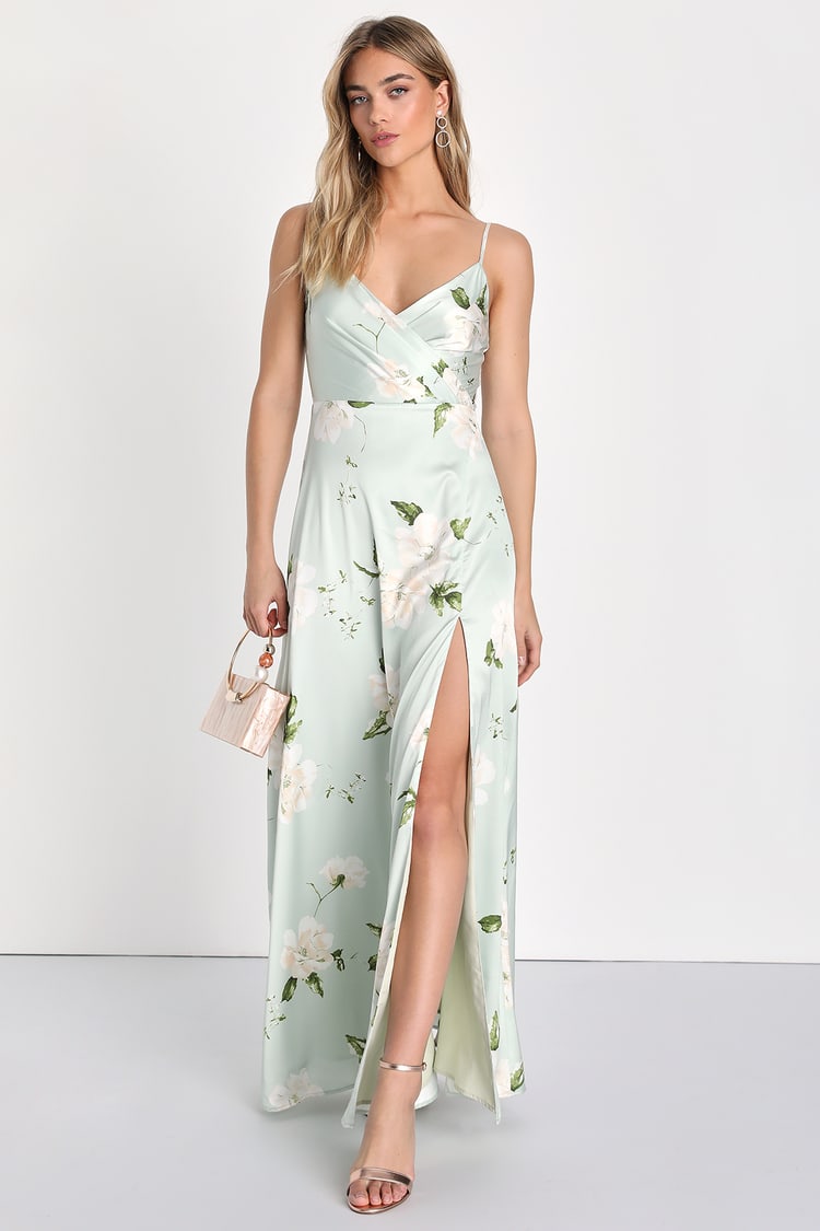 Light Green Floral Dress - A-Line Maxi Dress - Satin A-line Dress - Lulus