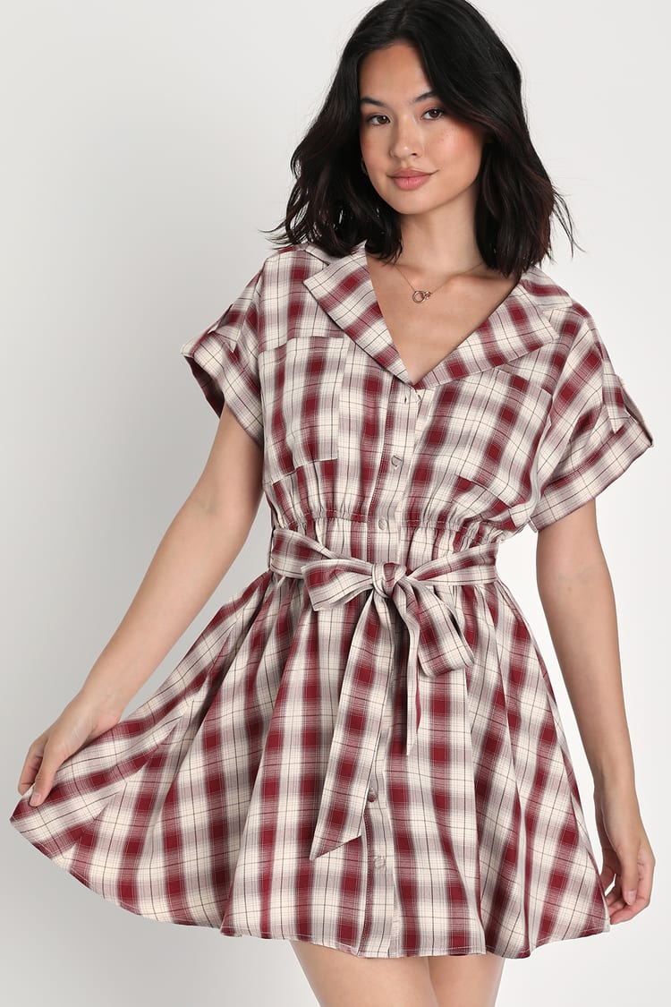 Ivory and Red Plaid Dress - Button-Up Skater Dress - Mini Dress - Lulus