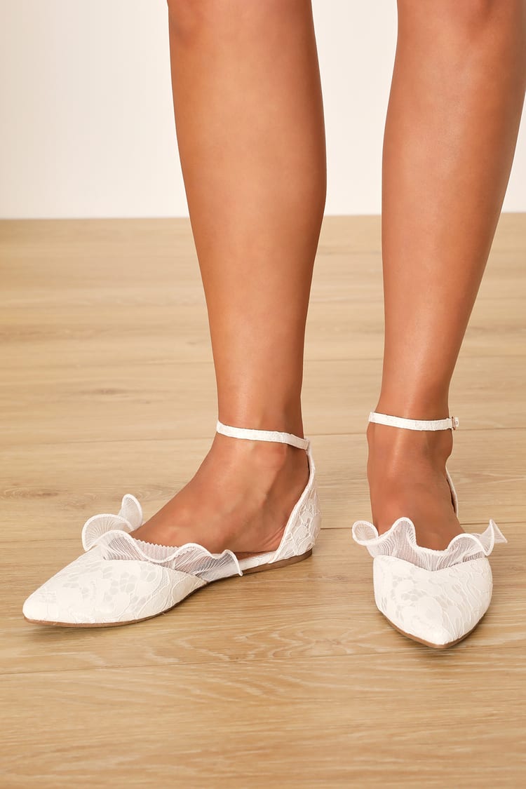 White Lace Flats - Lace Bridal Shoes - White Ankle Strap Flats - Lulus