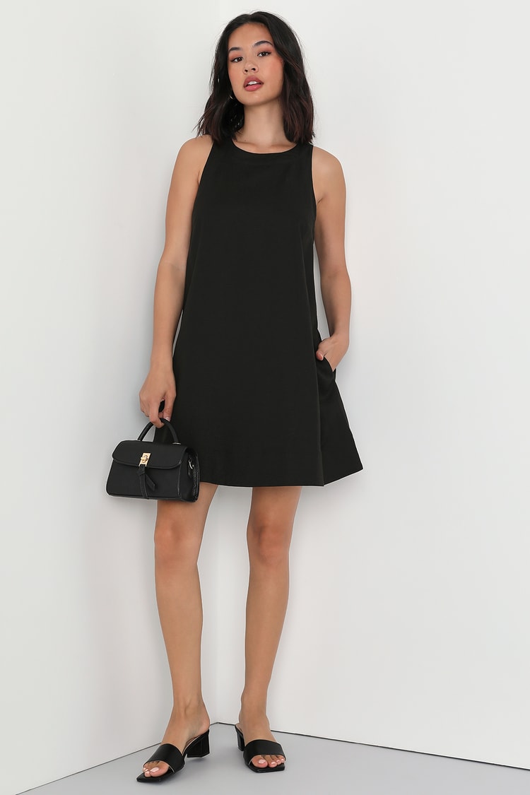 Black Linen Shift Dress - Shift Mini Dress - Dress with Pockets - Lulus