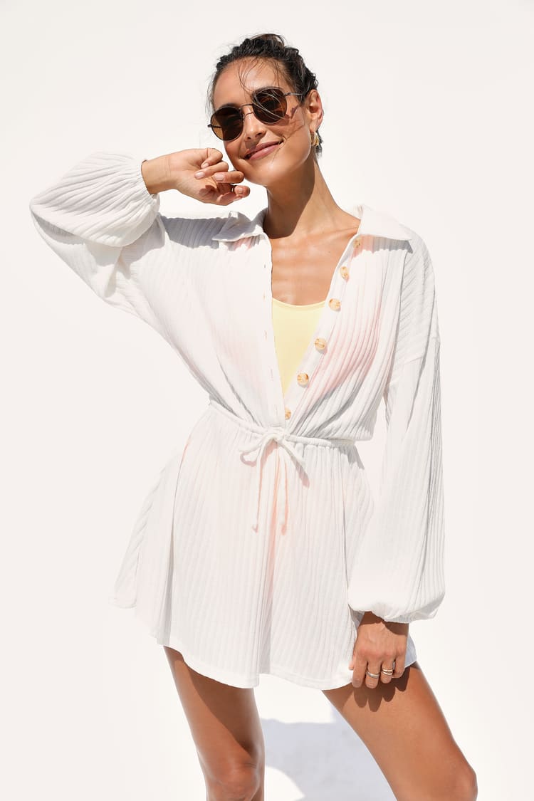 Ribbed Swim Cover-Up - Swim Cover-Up Dress - White Cover-Up - Lulus