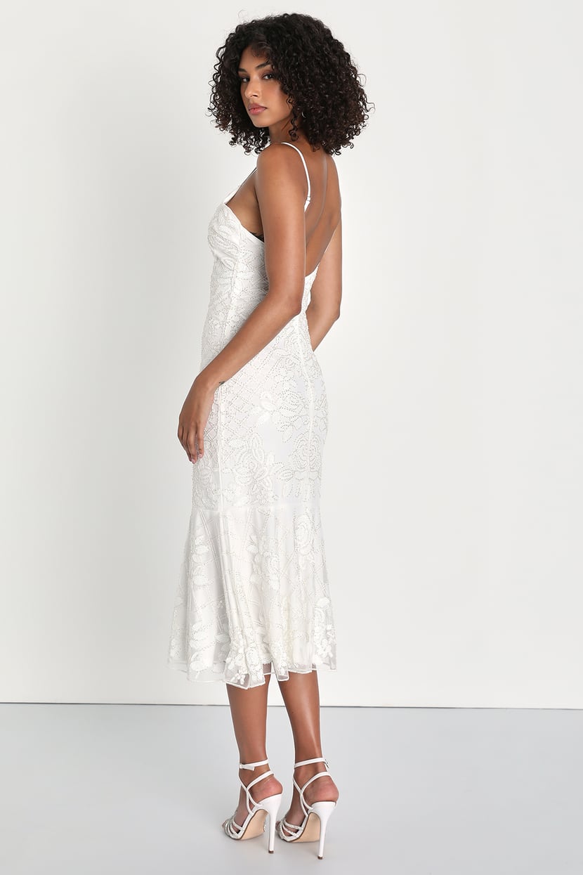 White Floral Sequin Adjustable Strap Dress