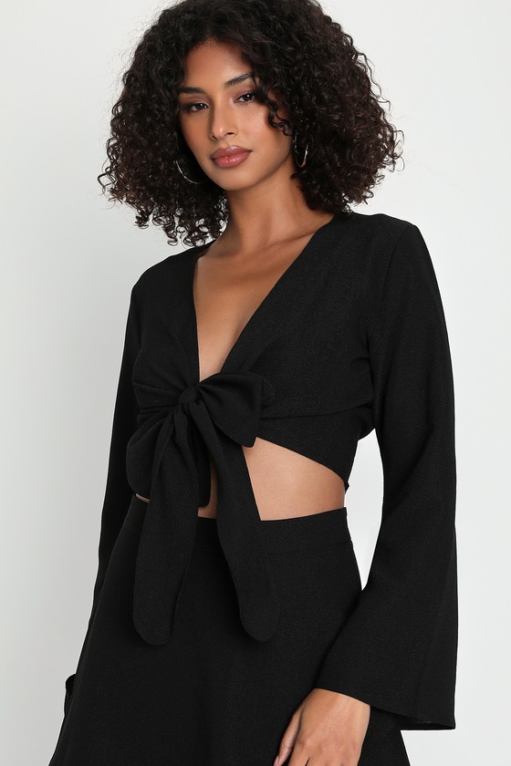 Black Wrap Top - Ribbed Short Sleeve Top - Cropped Tie-Front Top - Lulus
