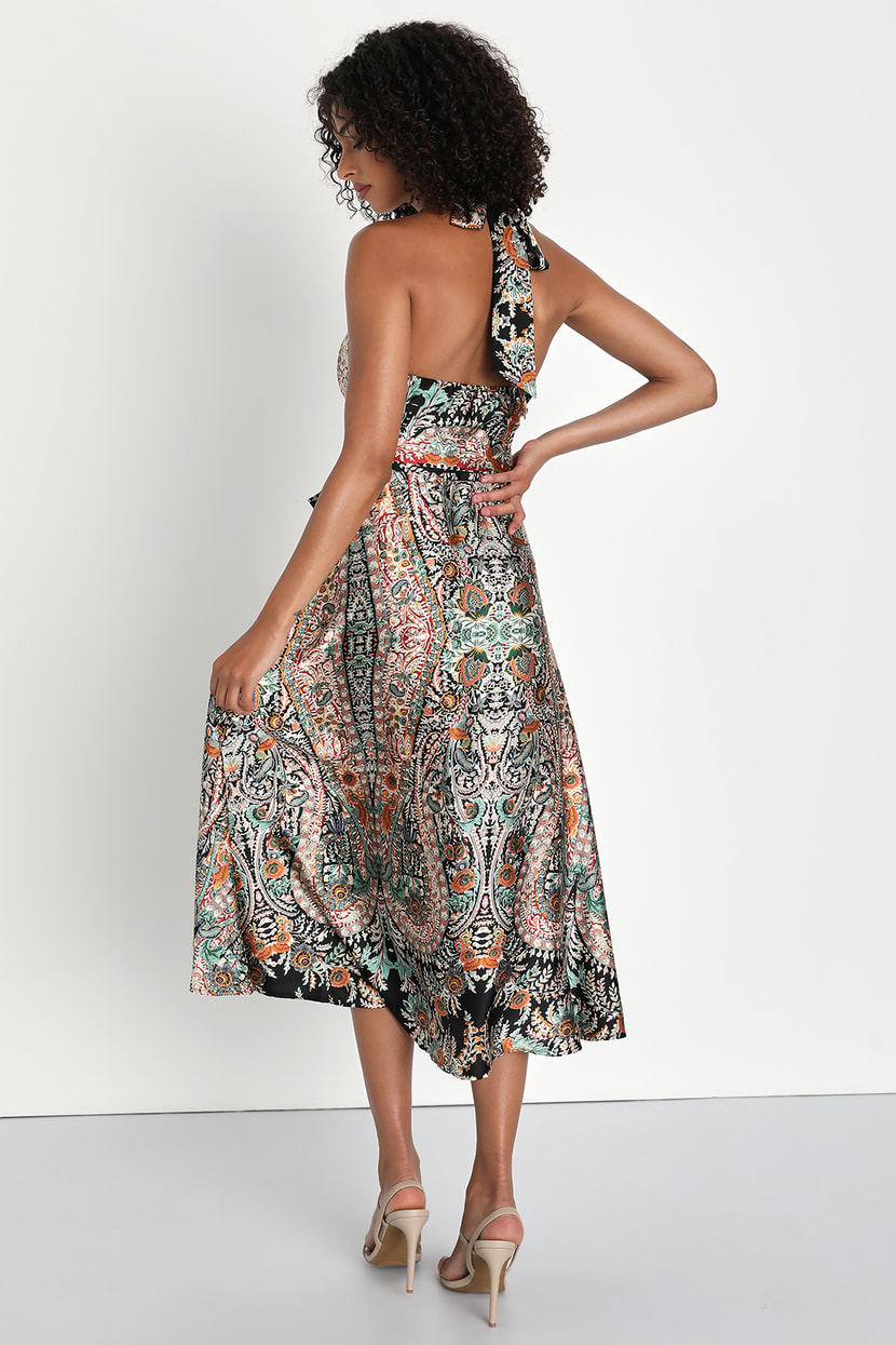 Black Multi Floral Dress - Printed Wrap Dress - Halter Midi Dress - Lulus