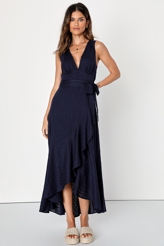 Navy Faux-Wrap Midi Dress - Ruffled Midi Dress - Belted Dress - Lulus