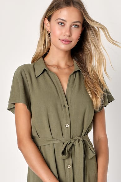 Classic Beige Linen Short Sleeve Shirt Dress