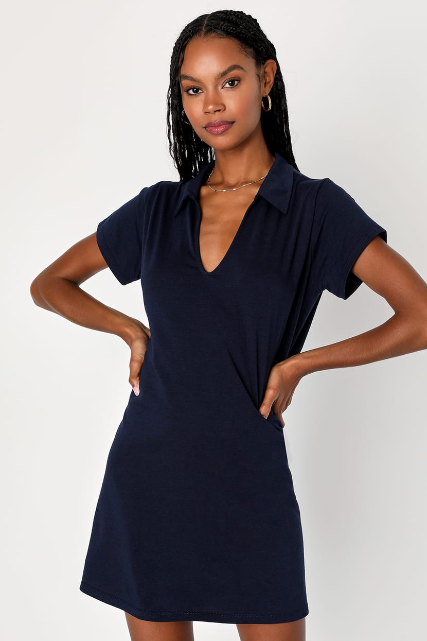 Navy Blue Dress - Short Sleeve Dress- Collared Dress - Mini Dress - Lulus